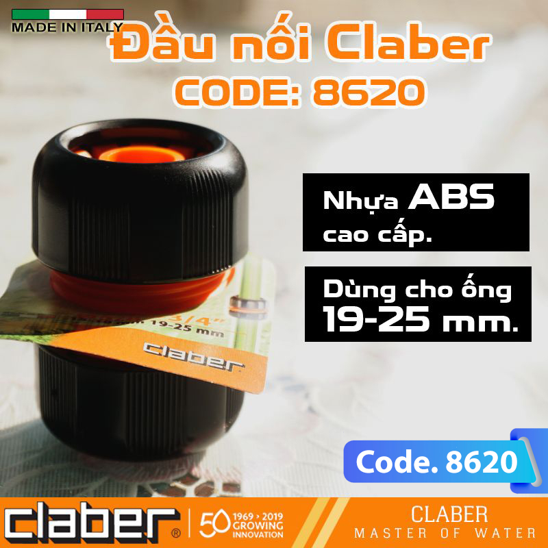 Khớp nối ống nước nhựa đa năng Claber 8620, sản xuất tại Ý, nối ống phi 15-19mm, nhựa ABS