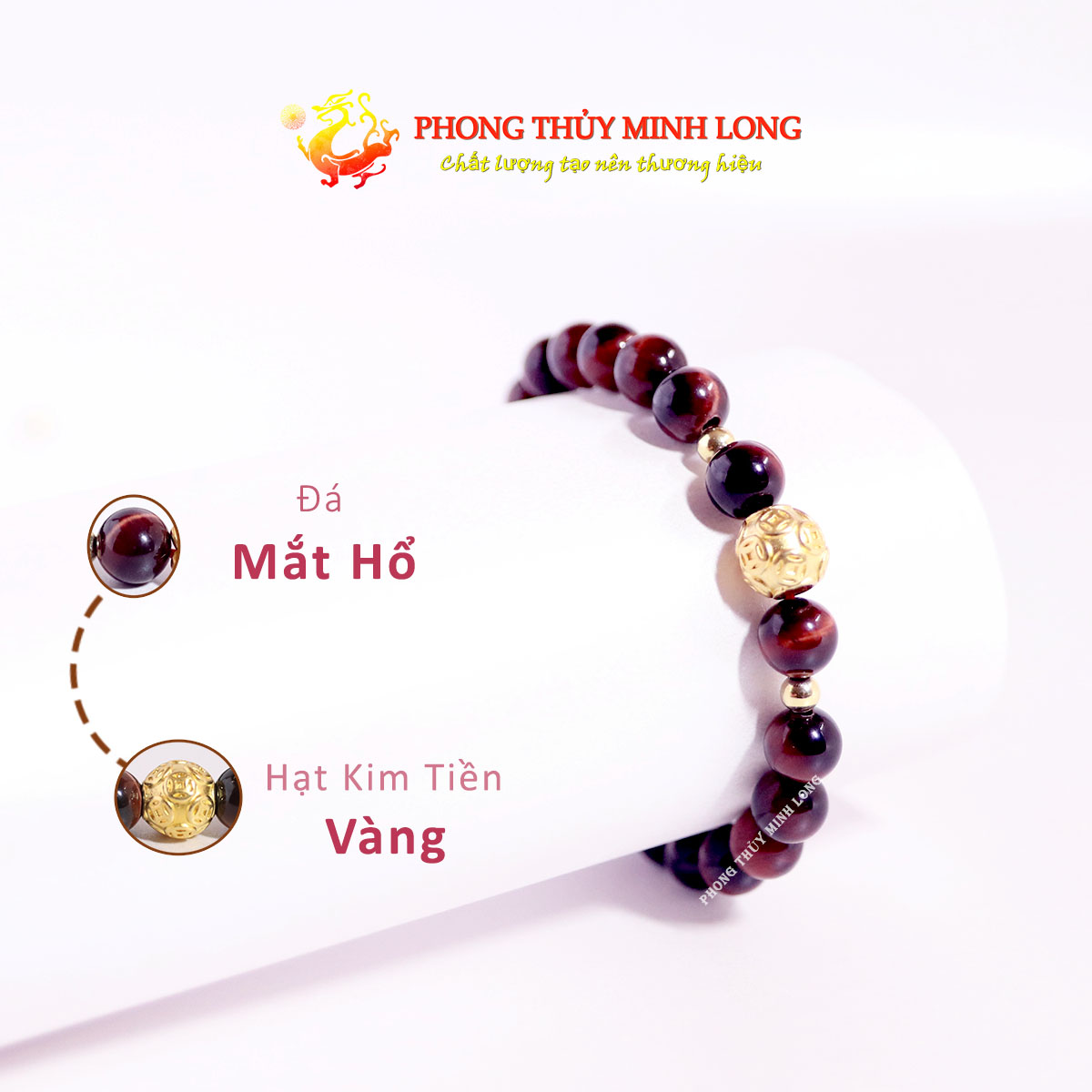 Vòng tay đá mắt hổ đỏ nâu mix hạt kim tiền vàng