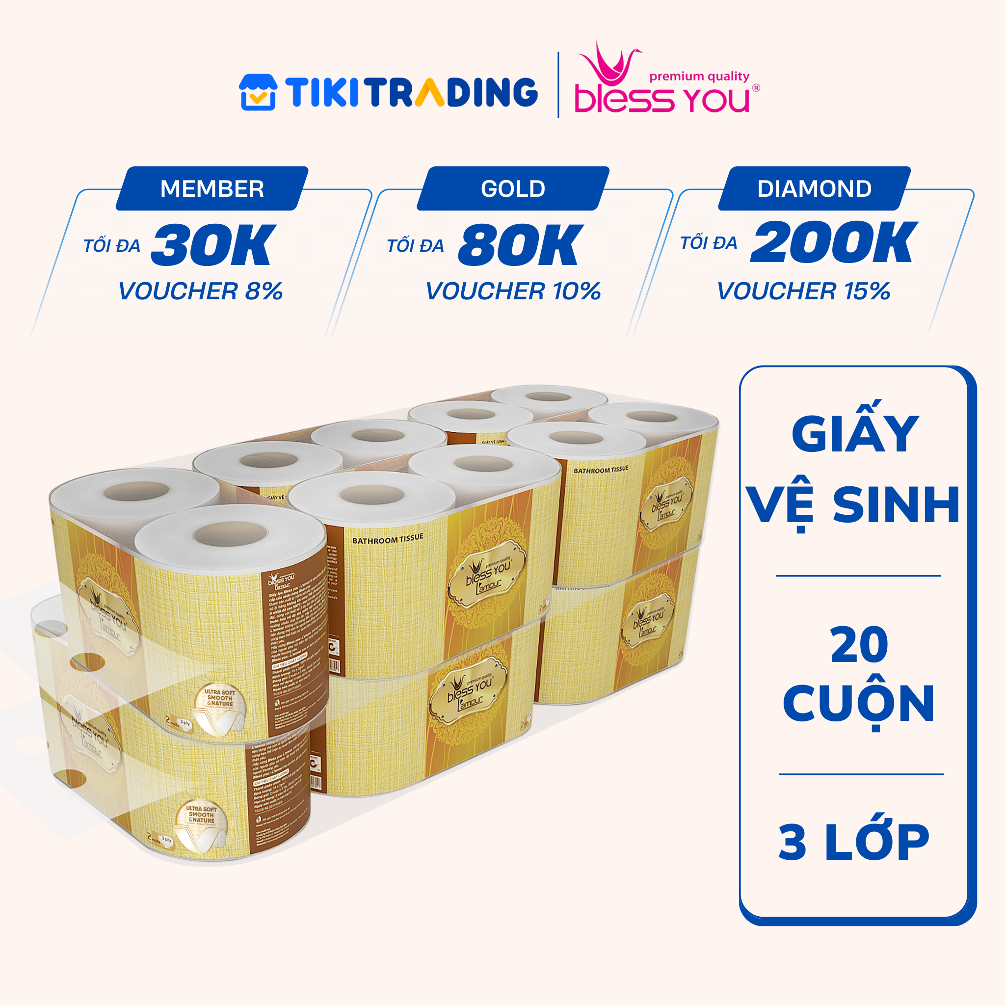 Combo 2 Lốc Giấy vệ sinh Bless You Lamour 2 (Lốc 10 cuộn)