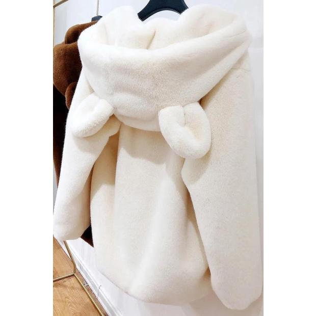 Áo khoác lông tai thỏ màu trắng siêu ấm mềm mịn, áo lông nữ khóa kéo thời trang Hàn Quốc