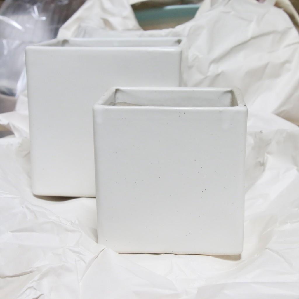 Chậu gốm trụ vuông 2 size trồng cây để bàn xinh xắn