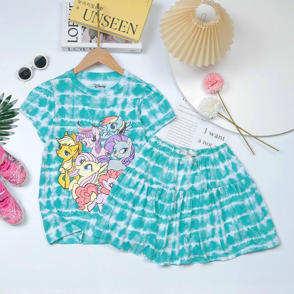 Bộ áo thun quần váy cotton loang màu mát mẻ dễ thương hình in pony unicorn bé gái