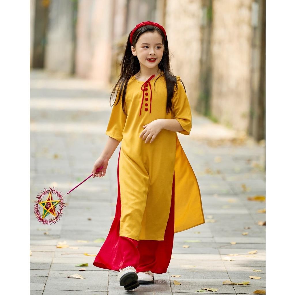 Áo dài bé gái BYZU thiết kế cách tân cổ tròn tay lỡ, vải lụa cao cấp màu vàng