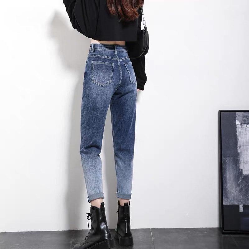 Quần jean dài BigSize phom Baggy / boyfriend co dãn mạnh, lưng cao, màu xanh was loang Ombre 4200 hottrend