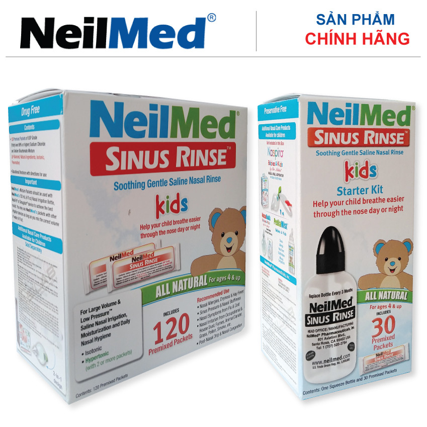 Combo Baby SinusCare: Bộ Rửa, Vệ Sinh Mũi Xoang Trẻ Em NeilMed Sinus Rinse Kids - SX Mỹ(1 Bình + 30 gói muối và 1 Hộp 120 gói muối rửa bổ sung)