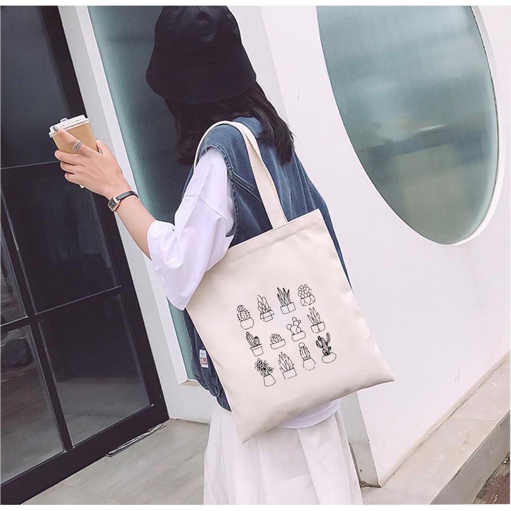 Túi Tote Vải Mộc Ginko kiểu basic có dây kéo khóa miệng túi đựng vừa laptop 14 inch và nhiều đồ dùng khác In Hình MINI CACTUS M44