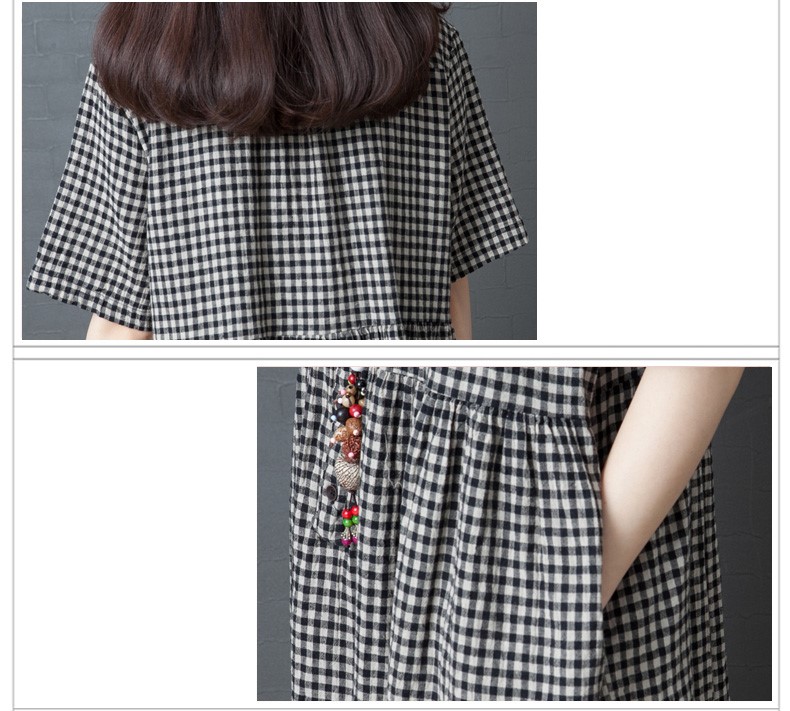 Đầm Midi Cổ Sen Tay Ngắn Dáng Suông Kẻ Caro, Váy babydoll Nữ Đũi Việt Dv158