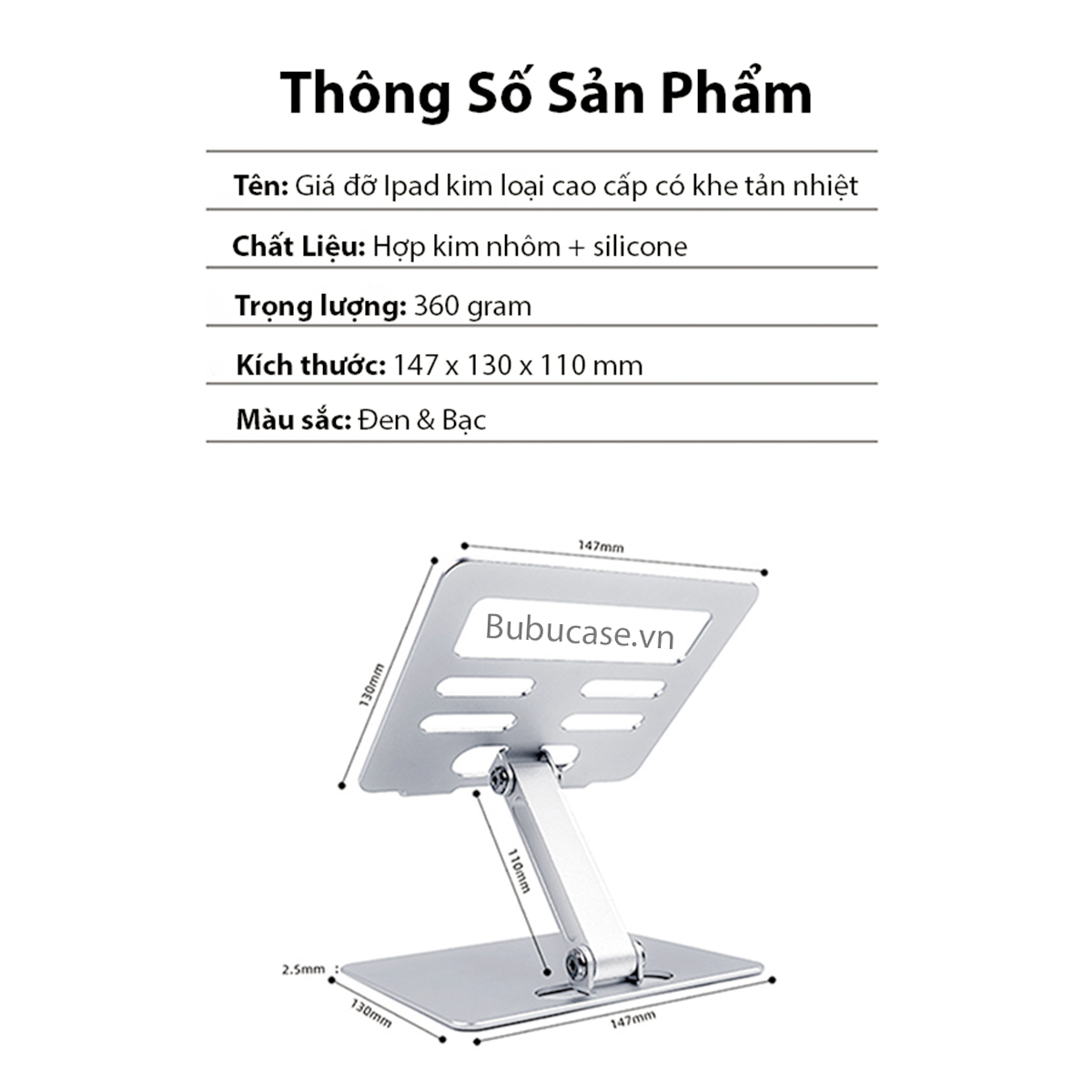 Giá Đỡ Cho Ipad, Máy Tính Bảng Chất Liệu Kim Loại Cao Cấp - Có Khe Tản Nhiệt, Đệm Chống Trượt - Phù Hợp Giải Trí, Làm Việc, Học Online