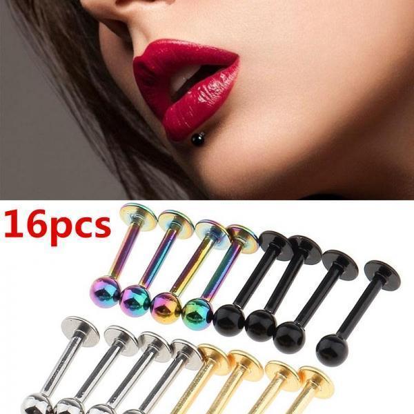 4-7pack 16Pcs 18G Stainless Steel Lip Ring Chin Bars Earring Stud Piercing