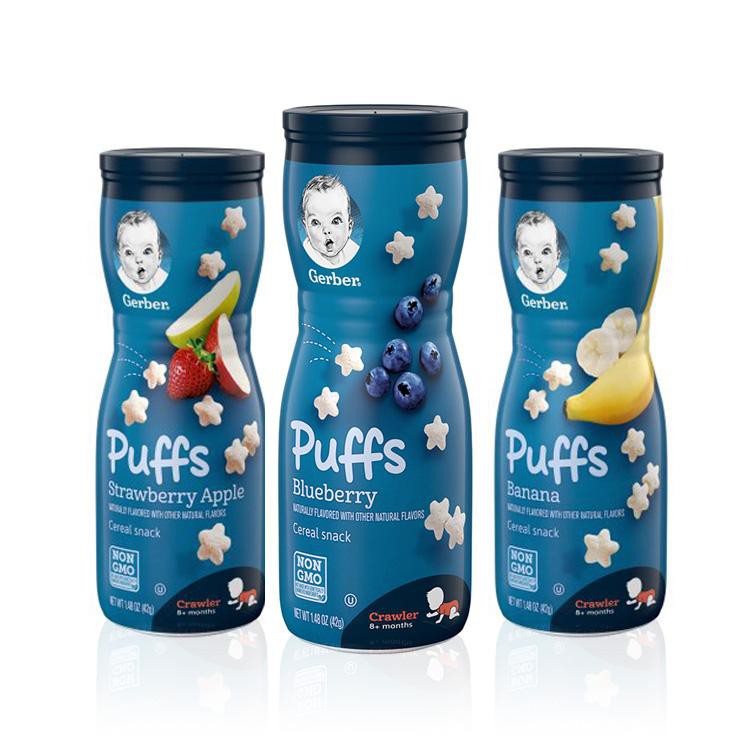 Bánh Ăn Dặm Gerber Puffs Banana - Blueberry - Strawberry (42g x 3) - Combo 3 Vị Chuối - Việt Quất - Dâu