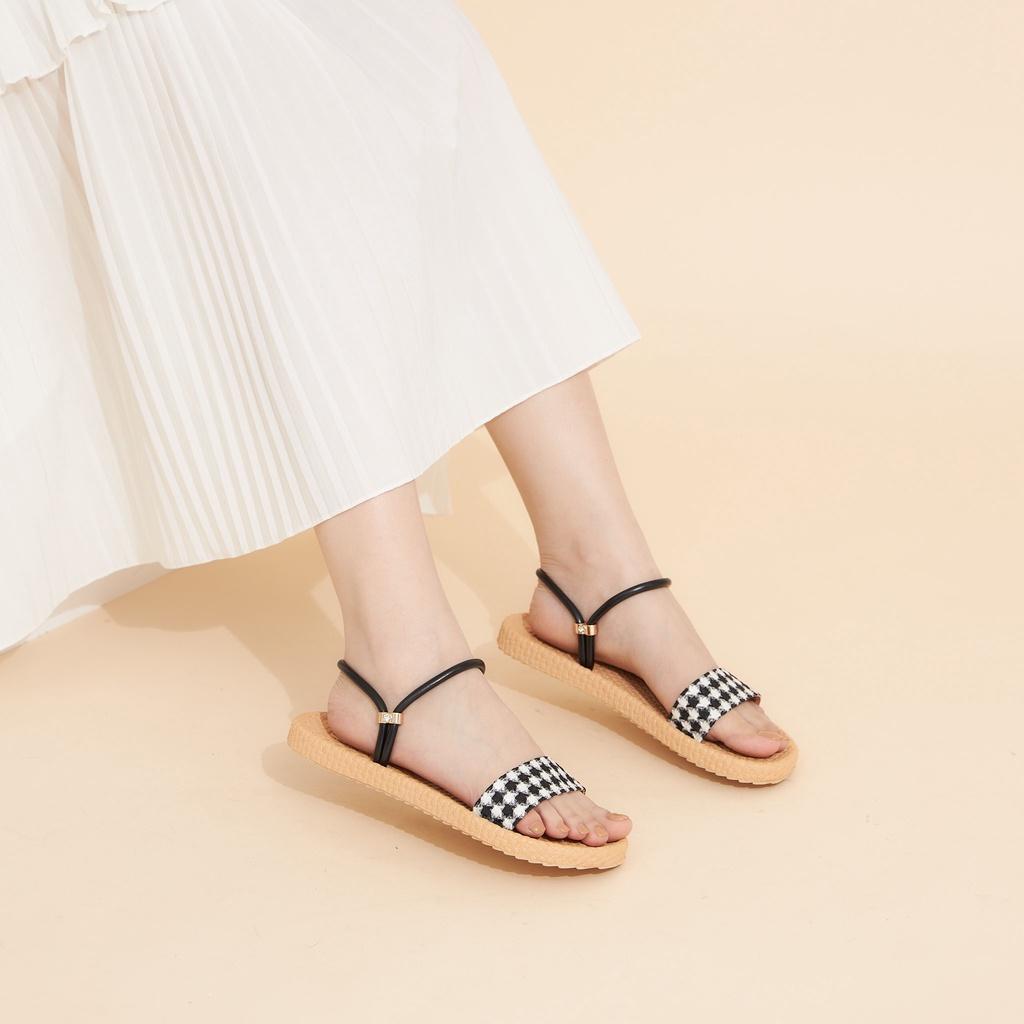 Giày Nữ MWC 2961 - Giày Sandal Quai Ngang Vải Caro Đế Bằng Thời Trang
