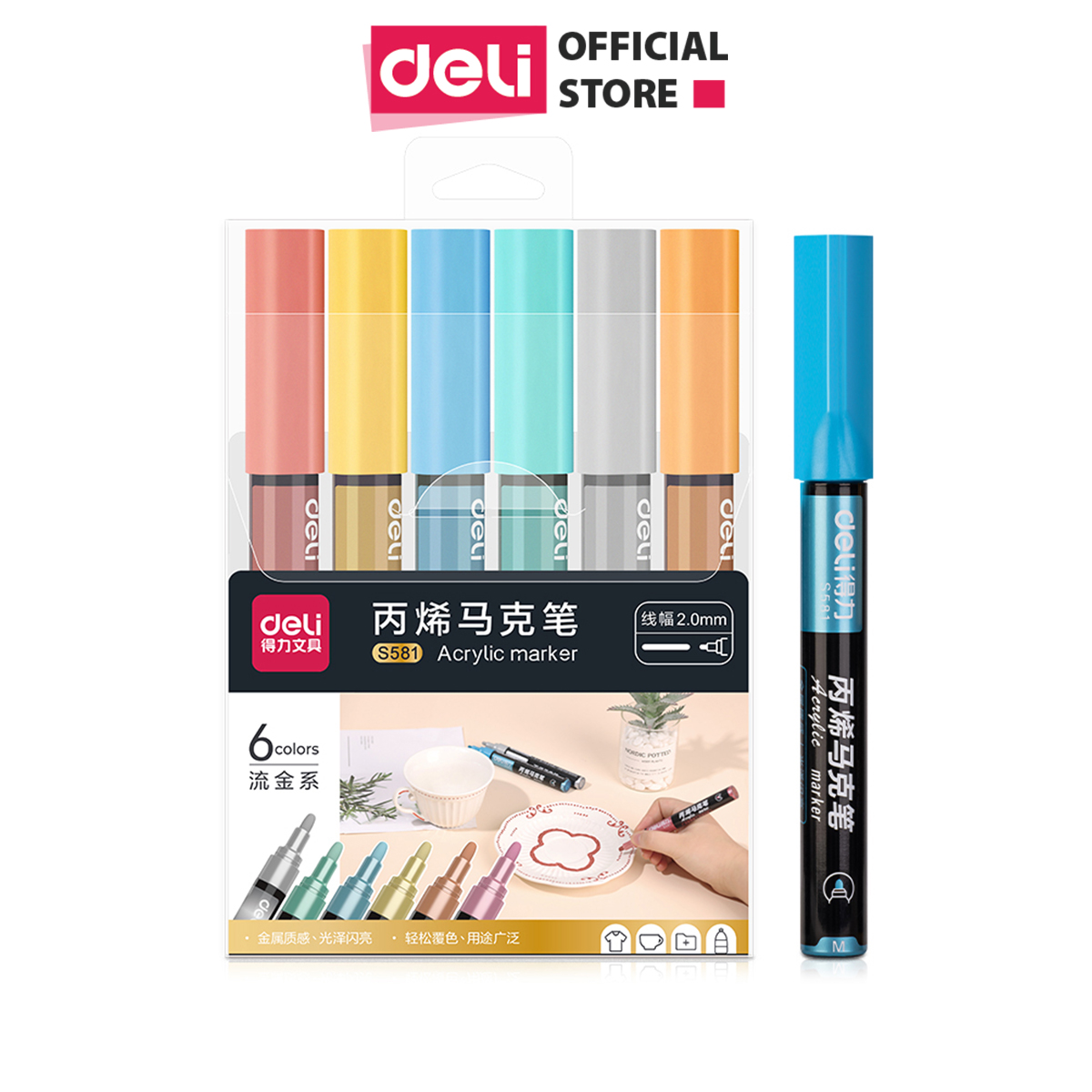 Set 6 Bút Sơn Acrylic Painter Bút Lông Marker Propylene Màu Pastel Nhũ Deli - Không Thấm Nước Dùng Vẽ Trang Trí Giày Graffiti Vẽ Trên Mọi Chất Liệu Kính Gốm Sứ - S581 S582