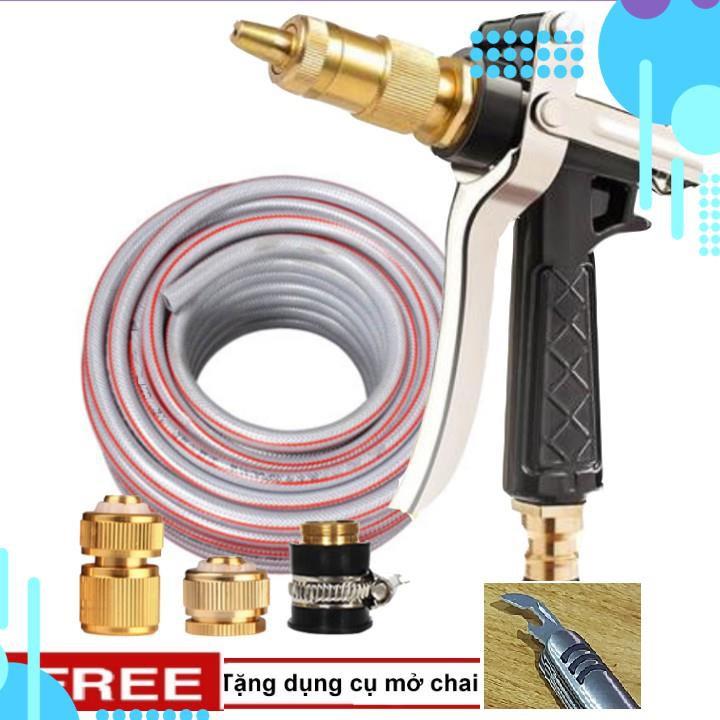 Bộ dây vòi xịt nước rửa xe, tưới cây . tăng áp 3 lần, loại 20m 206236 đầu đồng,cút đồng,+ tặng mở chai