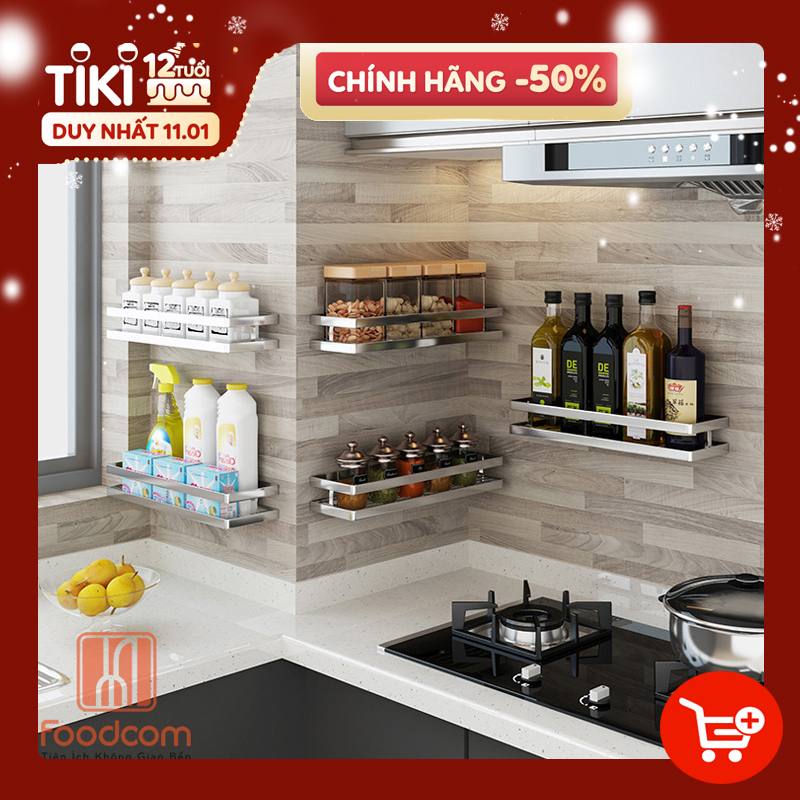 Combo 3 kệ gia vị dán tường đa năng FOODCOM chất liệu inox cao cấp không han gỉ có miếng dán 3M cực kỳ chắc chắn chịu lực  30 kg tiết kiệm không gian gia đình