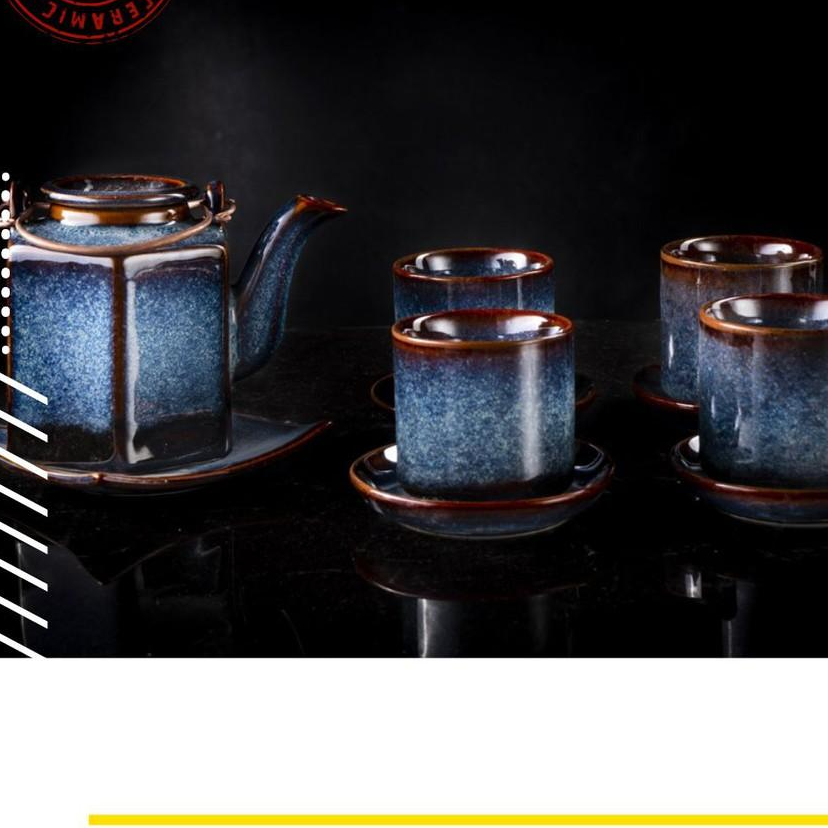 BỘ ẤM TRÀ LỤC GIÁC ĐẲNG CẤP - MEN XANH HỎA BIẾN- SẢN XUẤT TẠI LÀNG NGHỀ GỐM SỨ TRUYỀN THỐNG BÁT TRÀNG