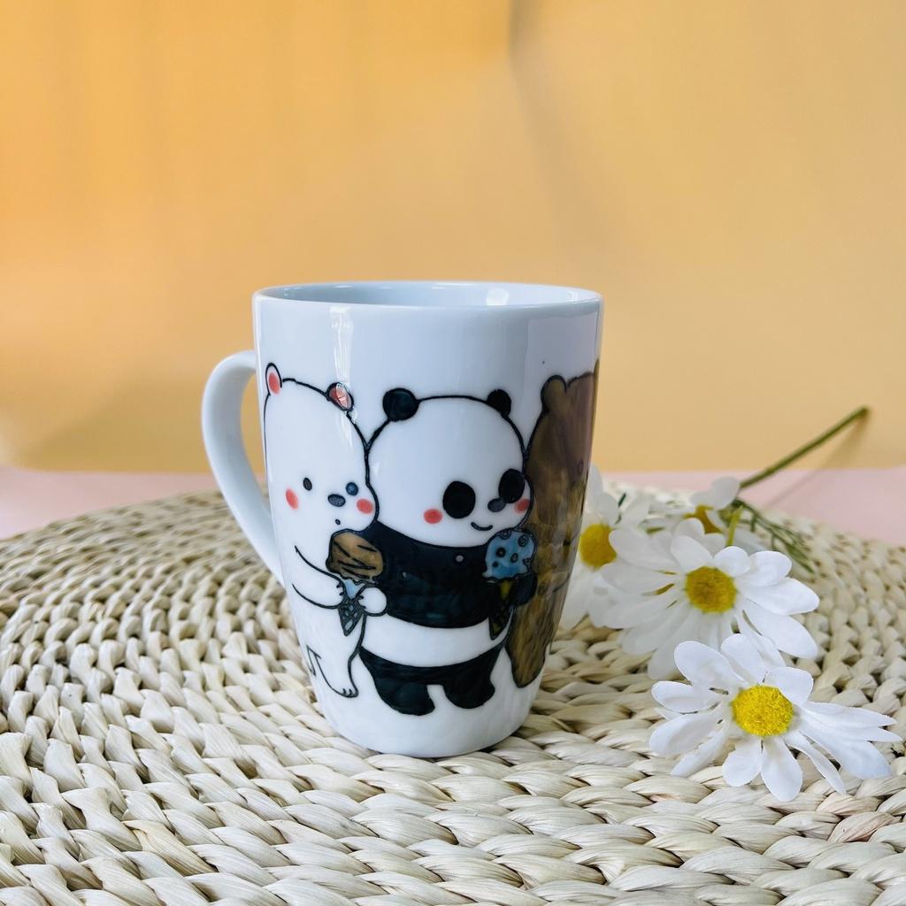 Ly Sứ Cao Cấp Họa Tiết Vẽ Tay Thủ Công Dễ Thương - Cốc Sứ Uống nước có Nắp Dung Tích 400ml