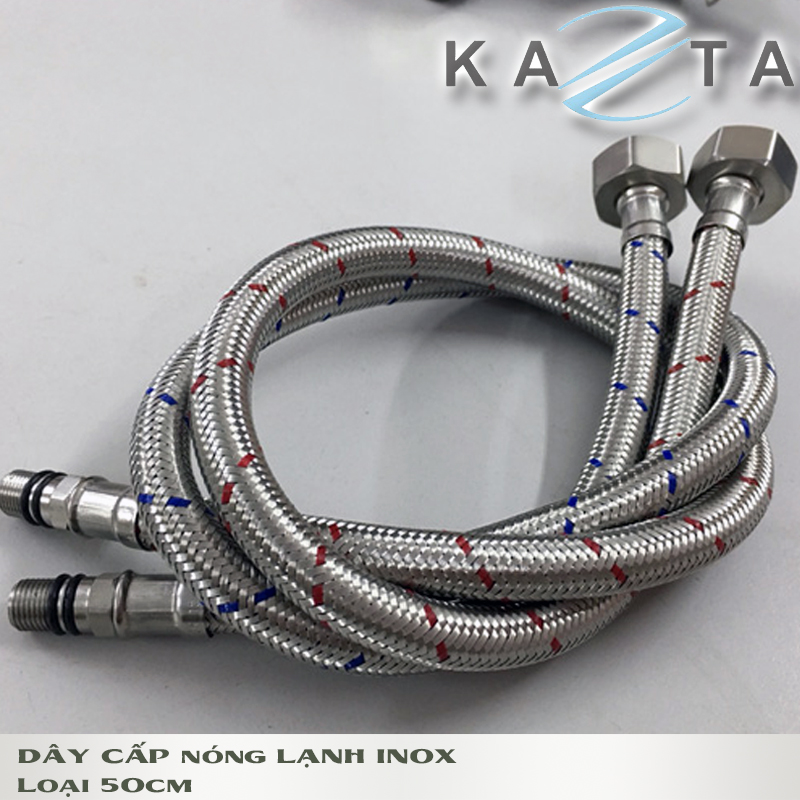 Cặp dây cấp nóng lạnh KAZTA KZ-DI50NL inox cao cấp dài 50cm dùng để lắp vòi chén-vòi lavabo nóng lạnh