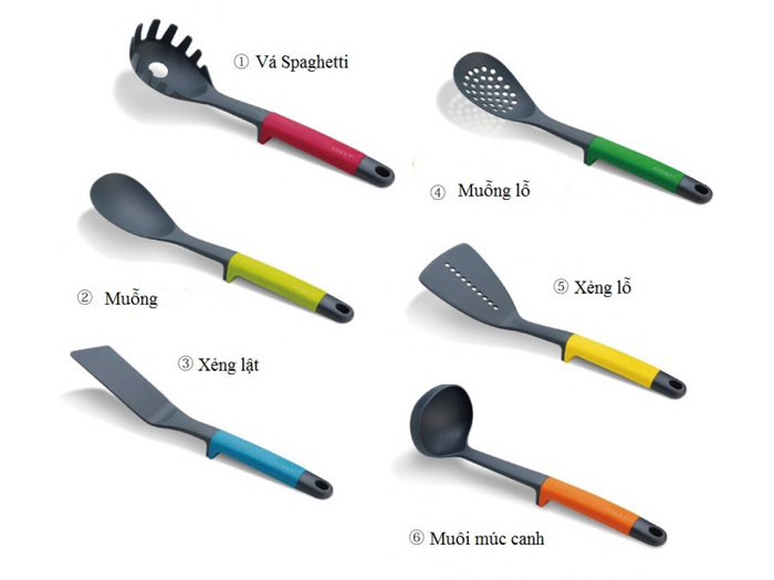 Bộ Vá 6 Món Joseph Joseph Gồm Thìa, Xẻng, Muỗng, Muôi Thủng, Lõi Thép Bọc Silicon, Dụng Cụ Nhà Bếp Đa Năng, Nhập Đức