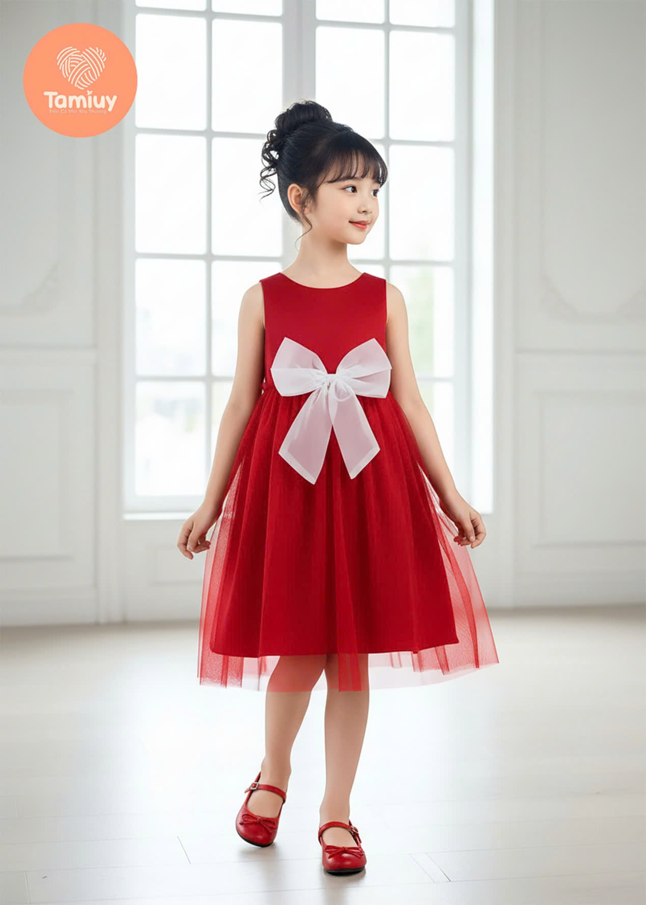 Đầm Bé Gái Công Chúa Đỏ Phối Nơ Lớn TAMIUY – Váy Bé Gái Lưới Xòe Dự Tiệc, Sinh Nhật Size 2-12