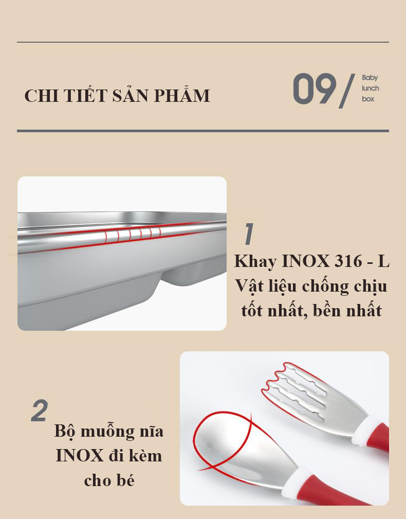 Bộ khay cơm phần giữ nhiệt 3 ngăn inox 316L có nắp đẩy kèm muỗng nĩa inox cho bé