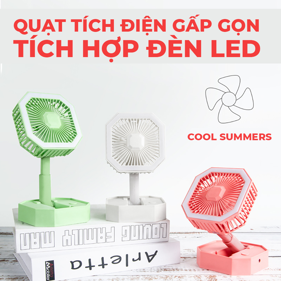 Quạt Tích Điện Gấp Gọn - Quạt mini để bàn siêu mát tích hợp đèn led chiếu sáng xoay 180 độ, Pin 1200mAh, Tốc Độ Gió Mạnh, Cổng Sạc USB