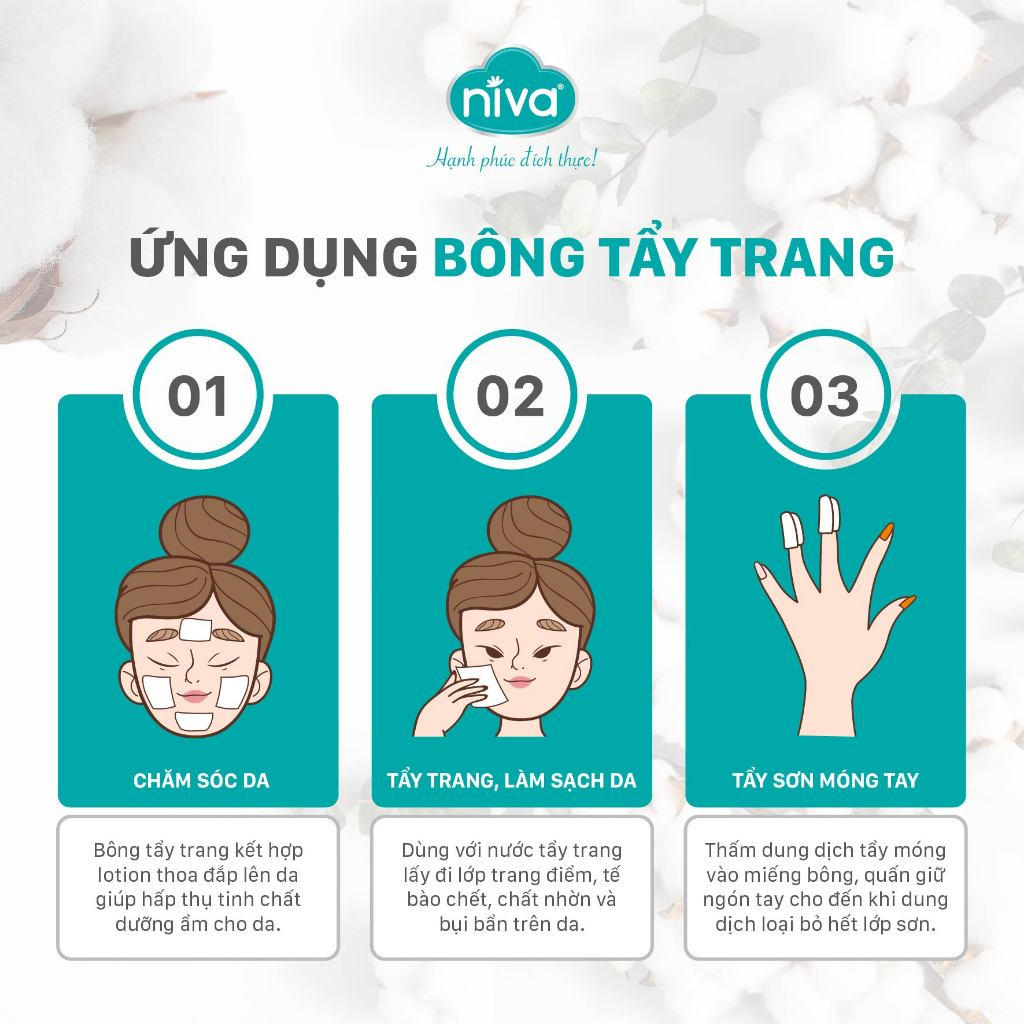 COMBO 05 Bông Tẩy Trang Vuông NIVA Cotton Pads Cao Cấp Cp1 Hộp 50 Miếng Bông Tự Nhiên Mềm Mại An Toàn Với Da Nhạy Cảm