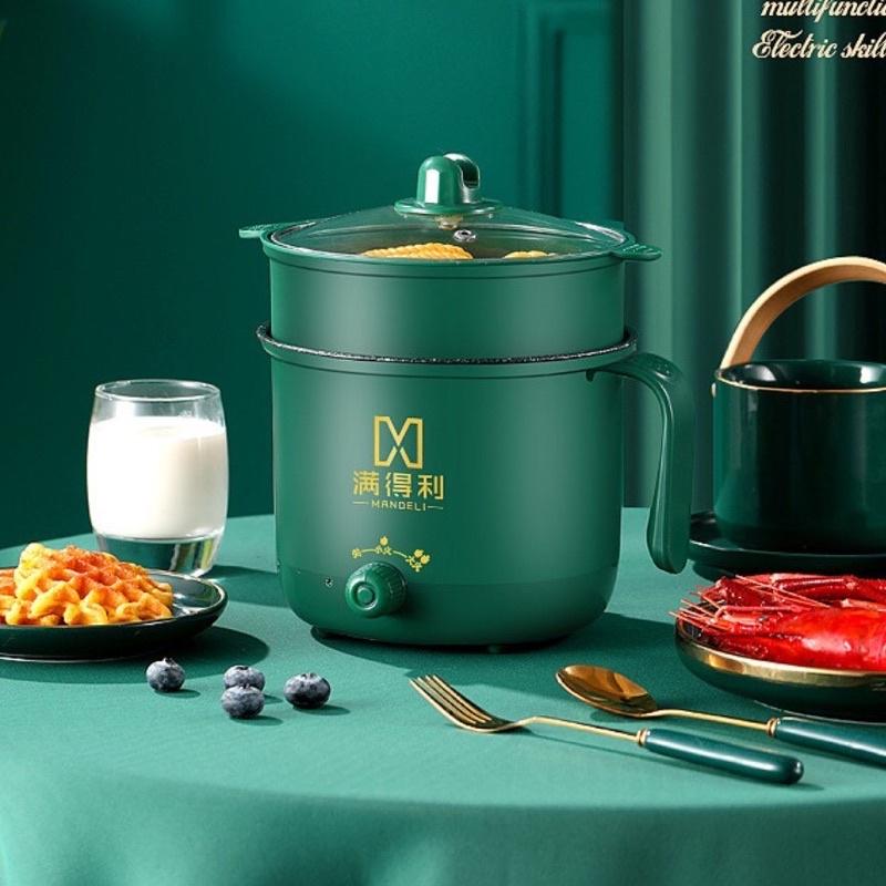 Nồi lẩu điện đa năng chống dính 2 nấc nhiệt kèm giá hấp có tay cầm 18 cm - Nồi lẩu hấp 2 tầng, ca nấu mì, nấu cơm 1,8L
