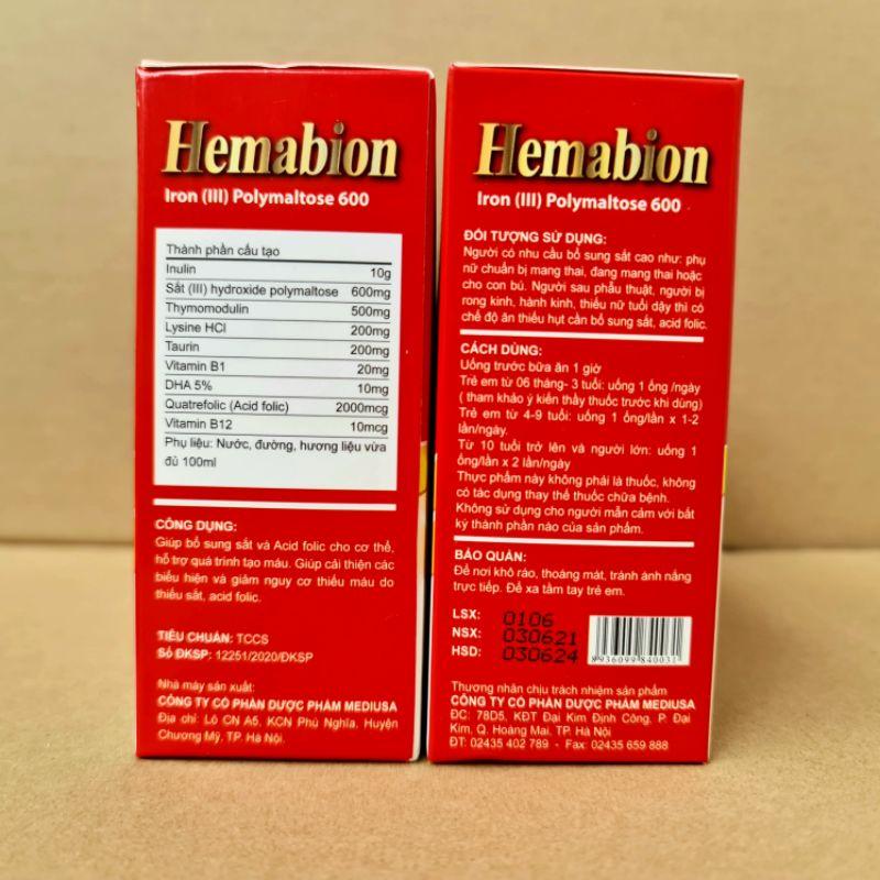 Hemabion giúp bổ sung sắt, acid folic giúp thai nhi phát triển khỏe mạnh cho phụ nữ mang thai - Hộp 20 ống