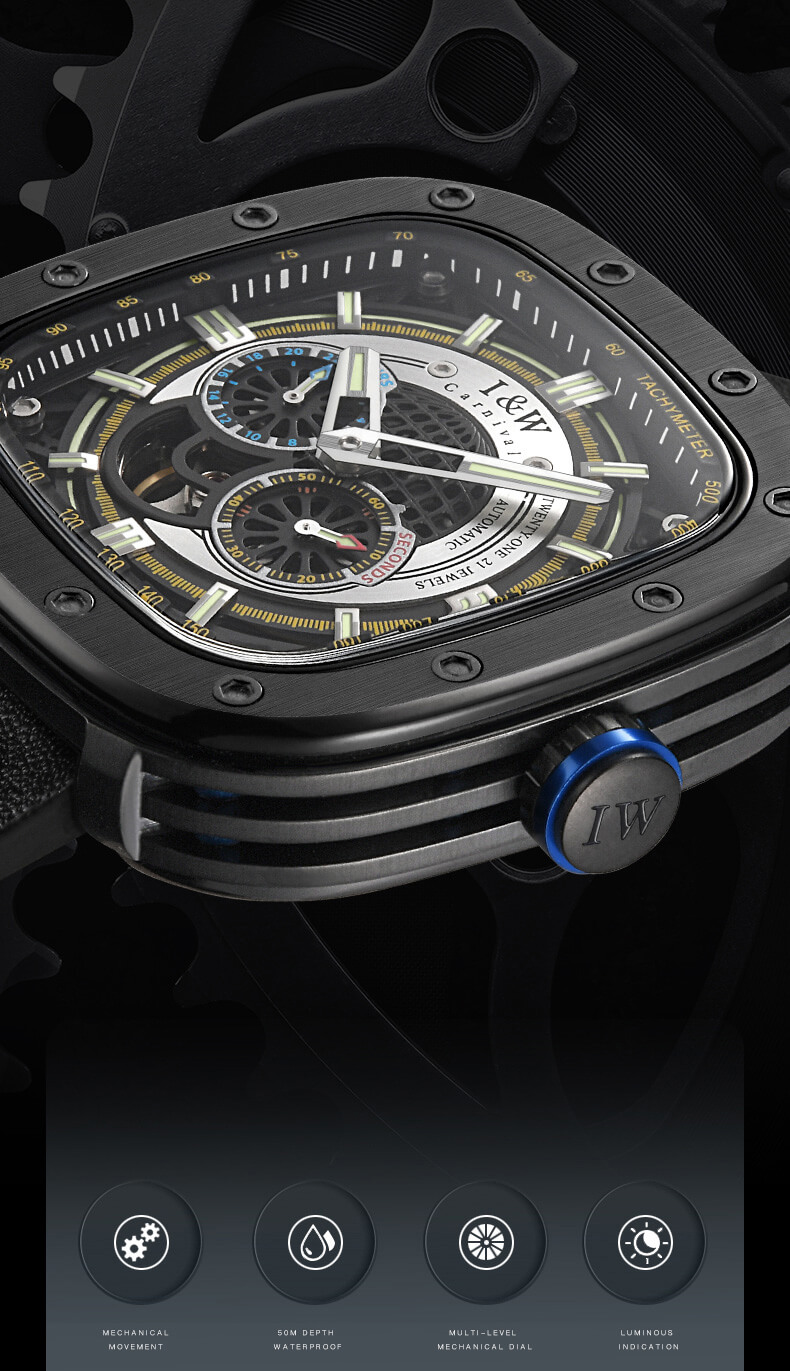 Đồng hồ nam chính hãng IW CARNIVAL IW666G-1 Kính sapphire ,chống xước,Chống nước ,Bảo hành 24 tháng,Máy cơ ,Dây da cao cấp,thiết kế lộ cơ thể thao