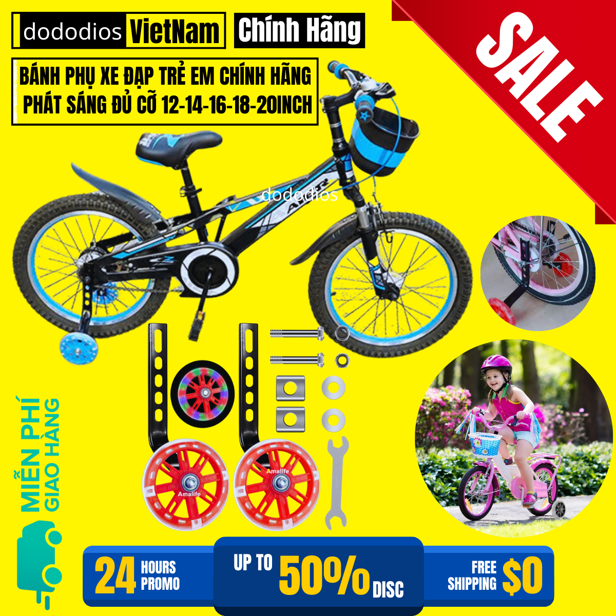 Bánh Phụ Xe Đạp Trẻ Em Phát Sáng Cân Bằng Chắc Chắn Dành Cho Các Bánh Xe Size 12 14 16 18 20inch Chính Hãng dododios