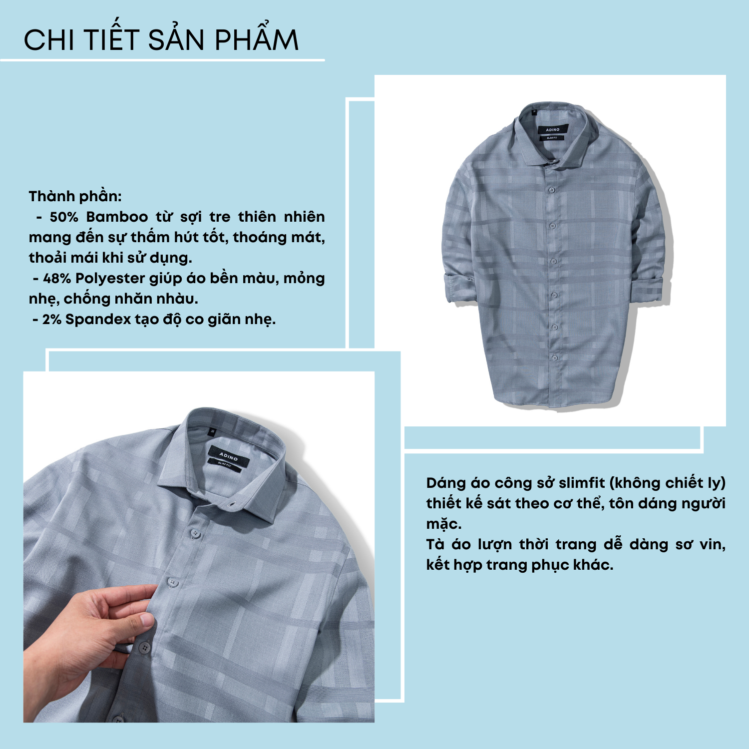 Áo sơ mi nam kẻ BBR màu ghi xám ADINO vải sợi tre Bamboo mềm mịn thoáng mát dáng slimfit công sở trẻ trung SM12