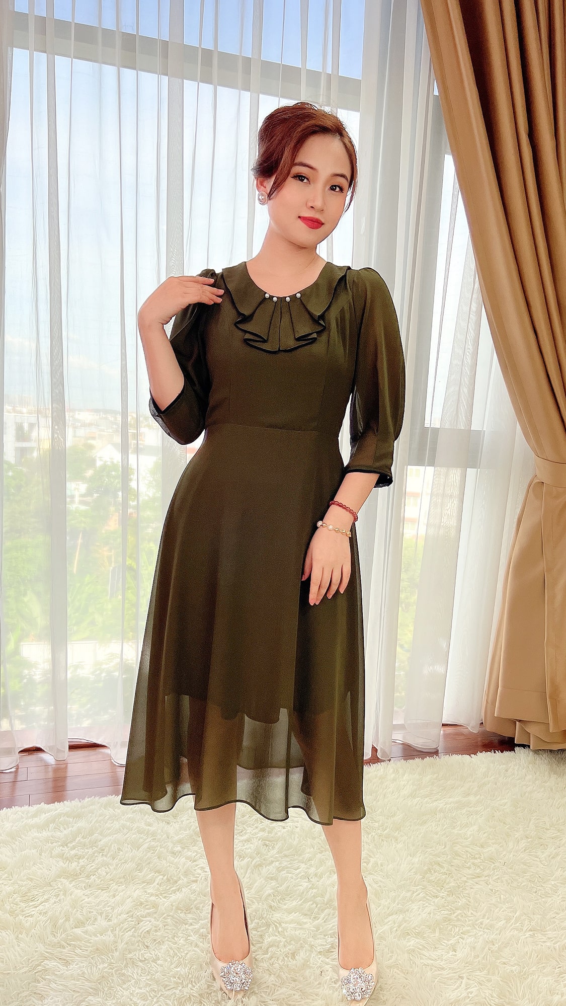 [LINH TRÀ] (TM 289) đầm voan dáng xòe điểm nhấn kết ngọc thanh lịch