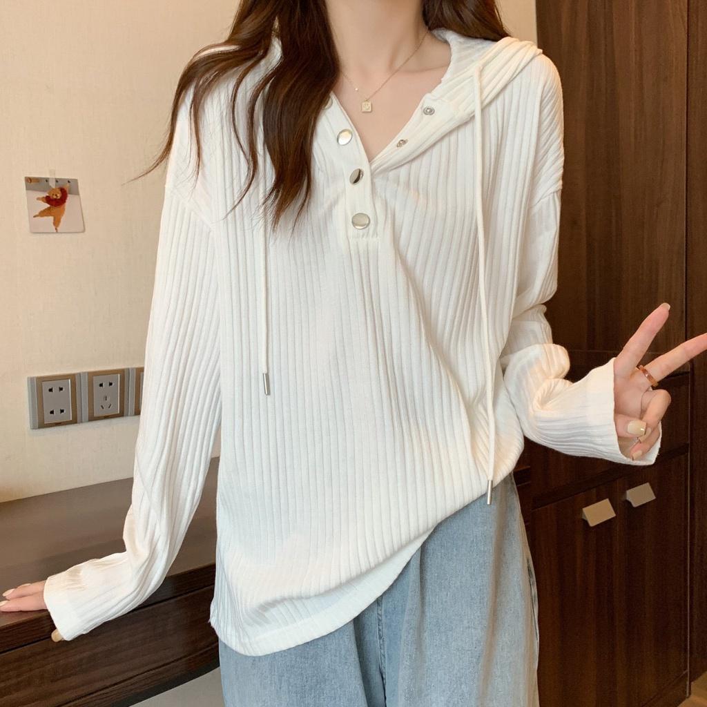 Áo Hoodie Nữ Mỏng Vải Nhung Thun Dài Tay Cúc Bấm