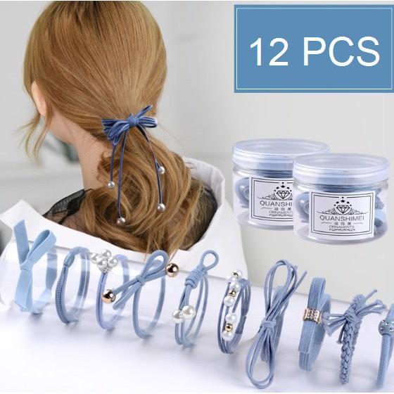 Hộp 12 dây buộc tóc,cột tóc kiểu có đính hạt – giao màu ngẫu nhiên