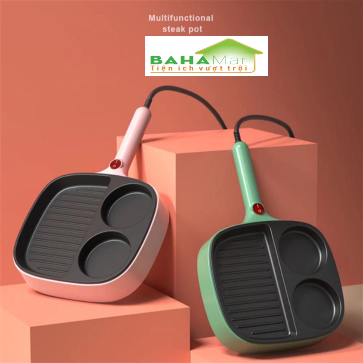 CHẢO ĐÁ ĐIỆN MINI CHỐNG DÍNH CHIA 3 NGĂN TIỆN SỬ DỤNG CHO BẾP "BAHAMAR" Chảo chia 3 ngăn, 2 ngăn tròn làm bánh, ngăn to dùng chiên, xào tiện lợi.