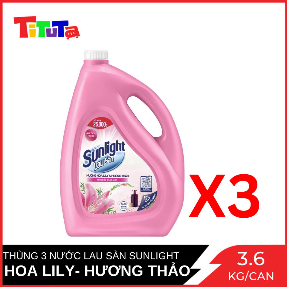 Thùng 3 Can Nước Lau Sàn Sunlight Tinh Dầu Thiên Nhiên - Hương hoa Lily (3.8kg/Chai)