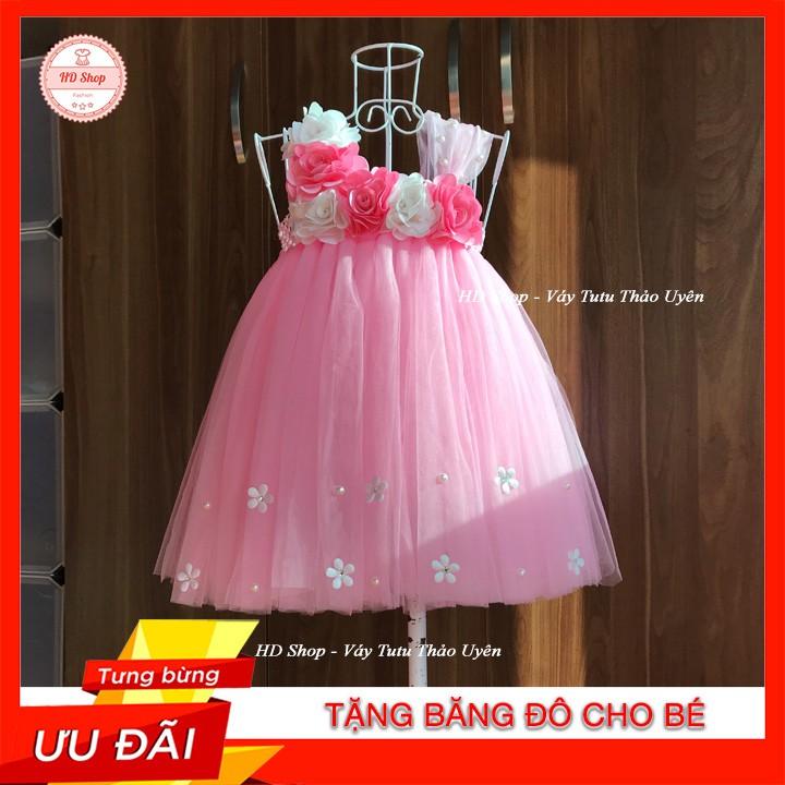 Đầm tutu cho bé ️FREESHIP️ Đầm tutu hồng phấn đính hoa hồng trắng hồng xen kẽ