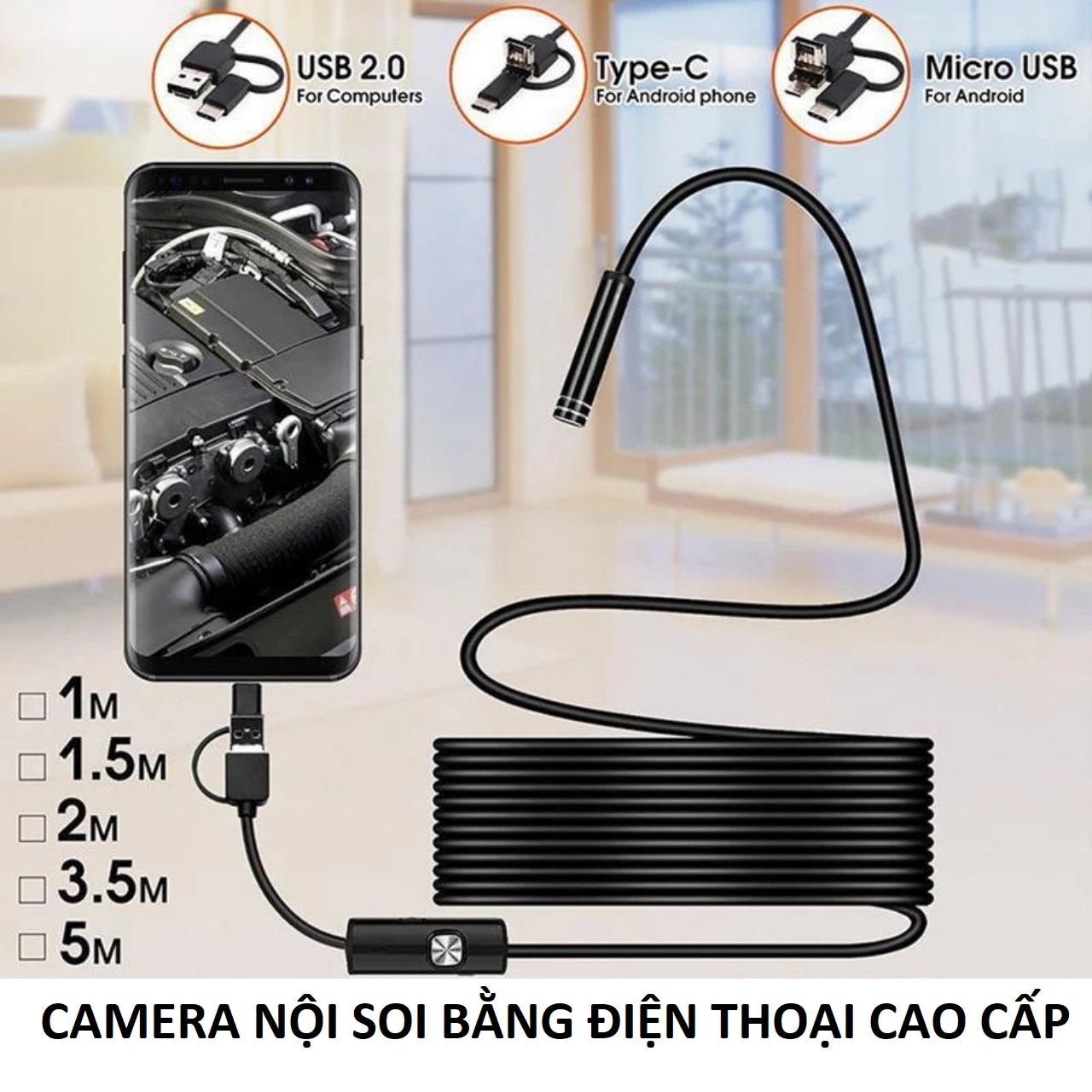 Camera nội soi 6 led cắm điện thoại 3in1 đa năng dài 2m hàng cao cấp siêu nét