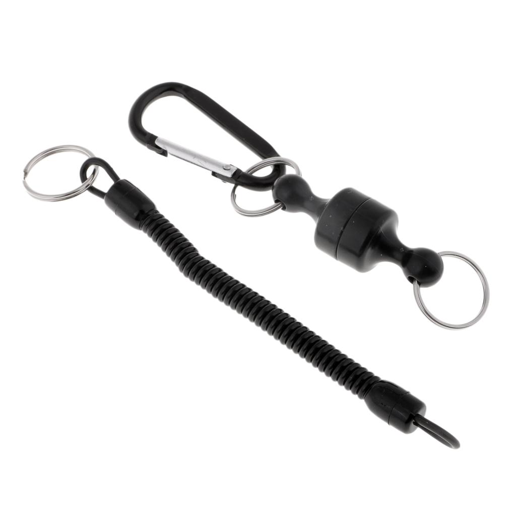 Steel Wire Fishing Coiled Lanyard w/ Magnetic Net Release & Buckle Black