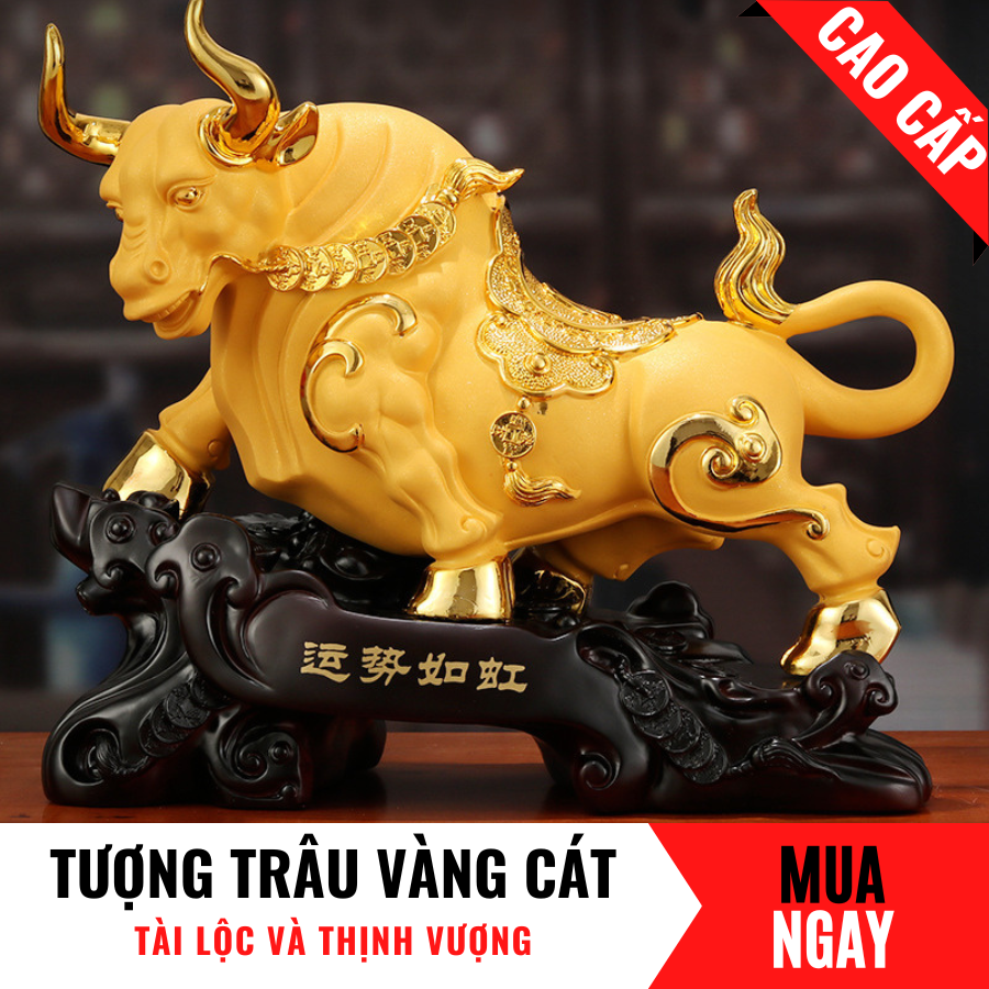 Tượng Trâu Con Giáp Tài Lộc Bằng Vàng Cát Mỹ Nghệ Cao 26cm