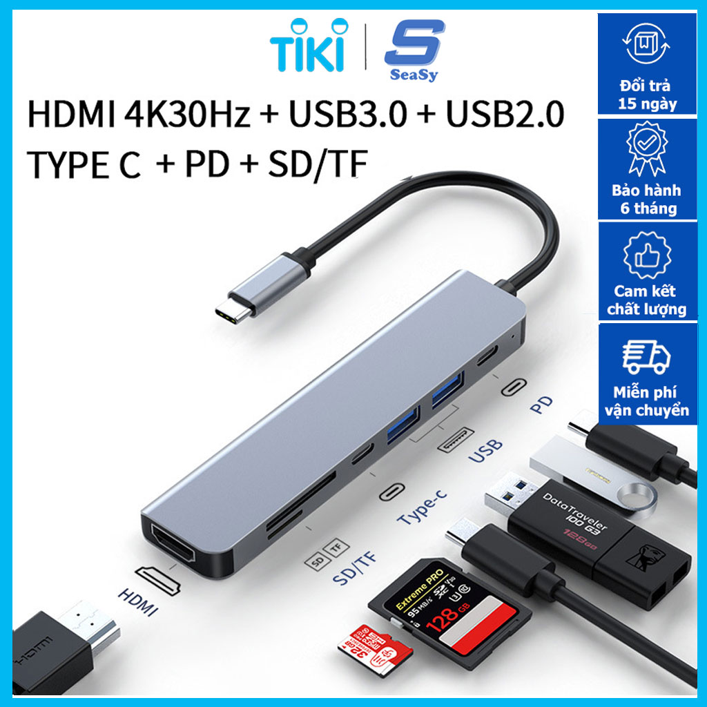 Hub Chuyển Đổi USB TypeC 7 Trong 1 SeaSy, Chuyển Đổi TypeC to HDMI, 1 Cổng HDMI 4k 60Hz, 2 Cổng USB 3.0, 1 Cổng TypeC, 1 Cổng Sạc PD, 2 Khe Thẻ Nhớ SD/TF, Kết Nối Với Hầu Hết Các Thiết Bị, Dùng Cho Macbook/Ipad/Surface/Laptop/Điện Thoại – Hàng Chính Hãng