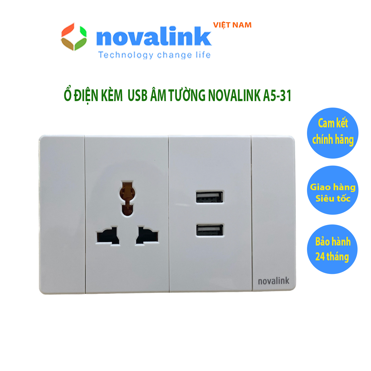 Ổ USB âm tường kèm ổ điện Novalink A5-31, mặt nắp chất liệu nhựa chống cháy, lõi đồng cao cấp, công suất ổ USb 5V-2.1A, công suất ổ điện 16A - Hàng chính hãng, Full thuế VAT, COCQ
