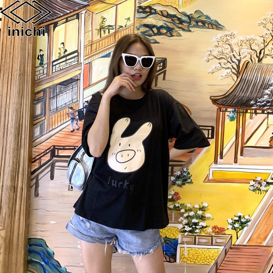 Áo thun Unisex INICHI tay lỡ form rộng phong cách nam nữ - in hình chú heo lucky - A661 màu hồng