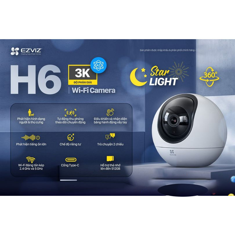 Camera Wifi Trong Nhà Ezviz H6 3K 5MP AI Thông Minh, Đàm Thoại 2 Chiều - Hàng chính hãng