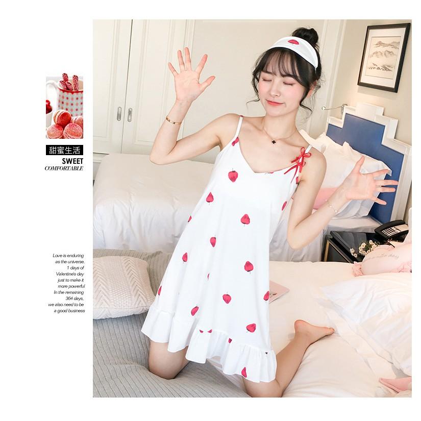 Đầm, Váy Ngủ 2 Dây- Dâu Tây Có Mút- Chất Cotton Siêu Mát.