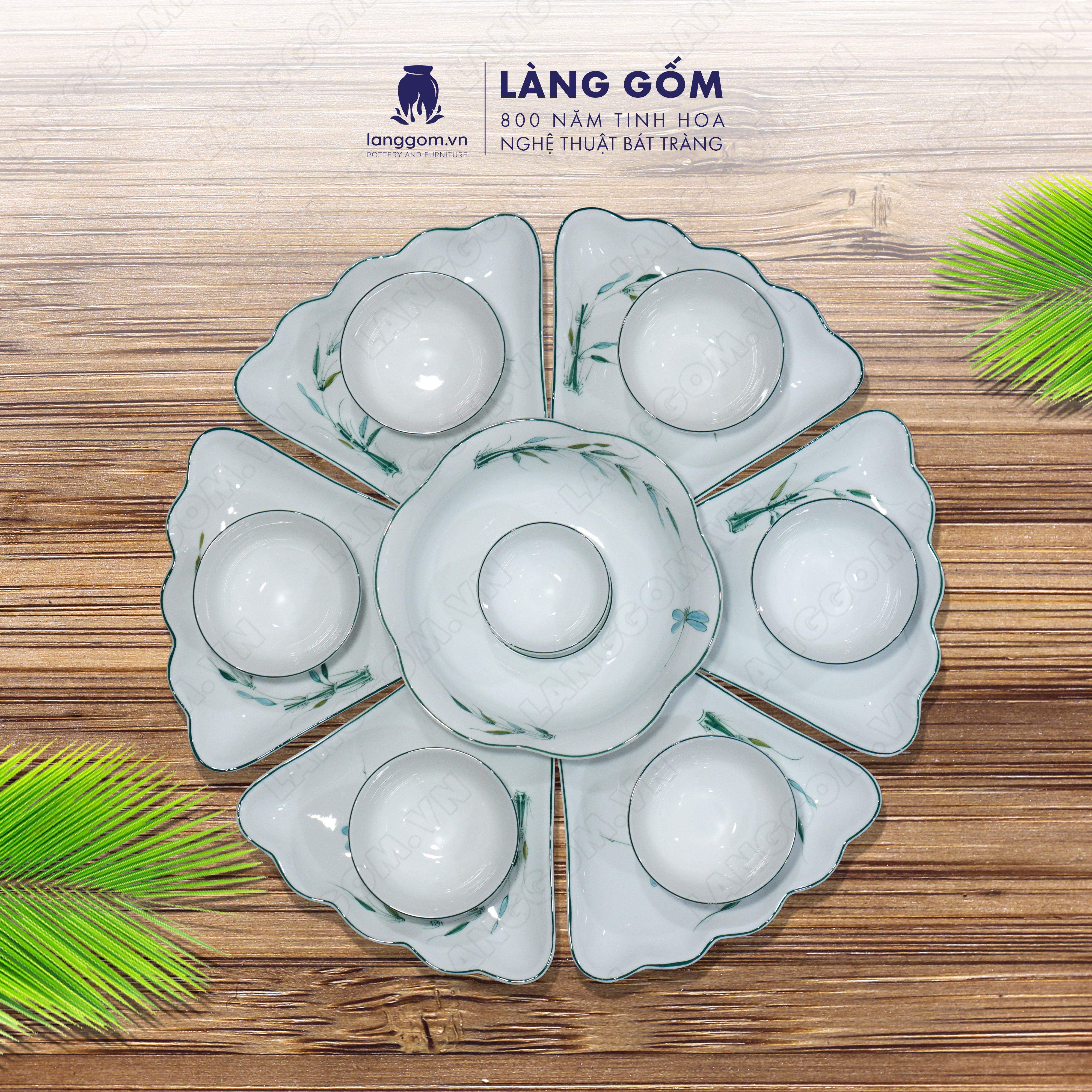 Bộ bàn ăn mặt trời vẽ trúc chuồn - Size: 55cm - Gốm sứ Bát Tràng - langgom.vn