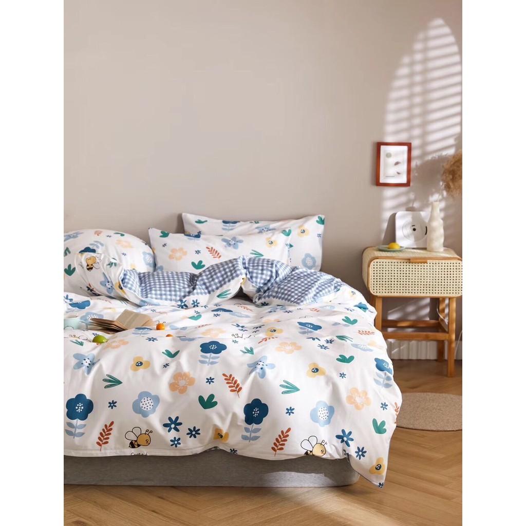Bộ chăn ga gối Cotton poly M2T bedding Hoa ong xanh, vỏ chăn mền, drap giường và 2 vỏ gối