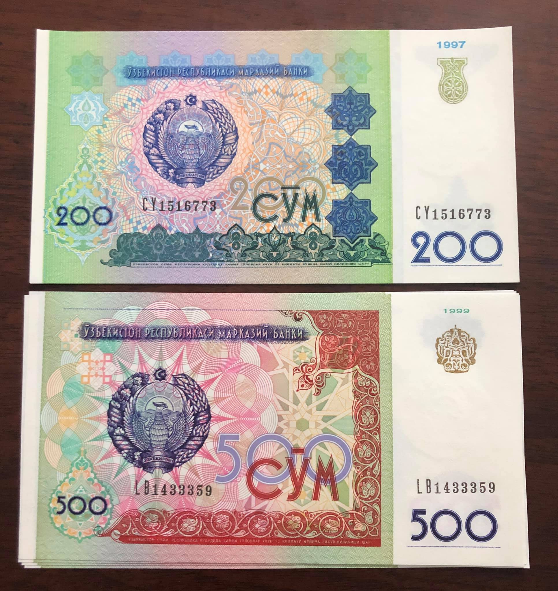 2 tờ tiền cổ Uzabekistan, 200 và 500 som sưu tầm