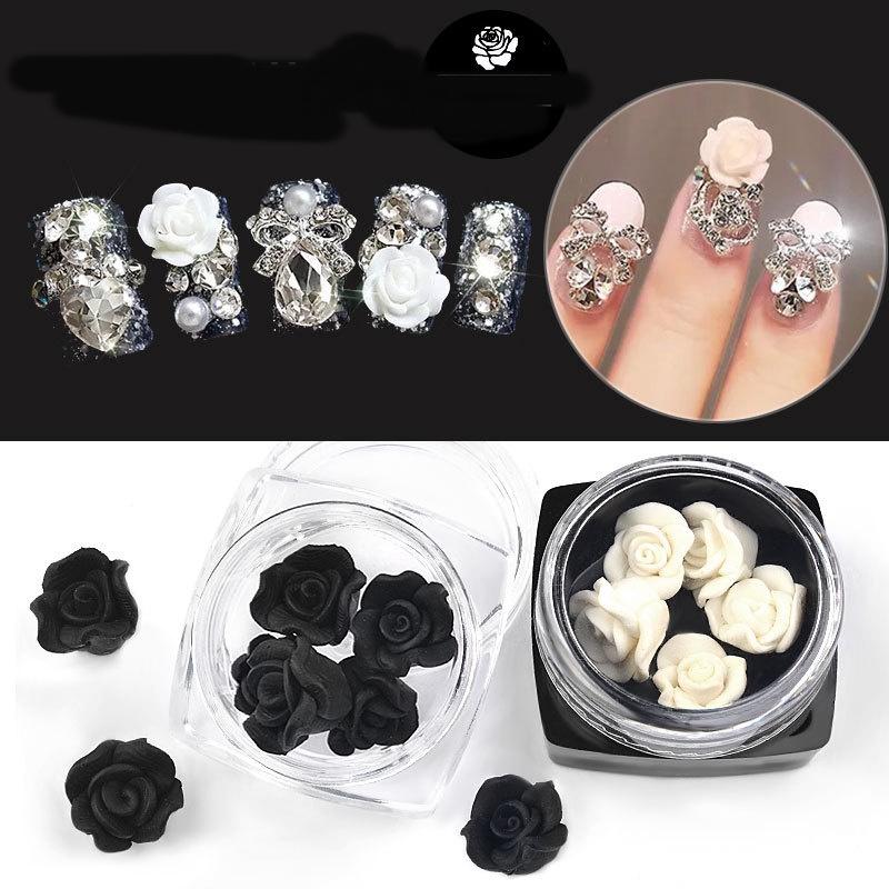 Hoa bột nail rose trắng đen 5 bông , hũ hoa hồng bột gắn móng trang trí chuyên nghiệp