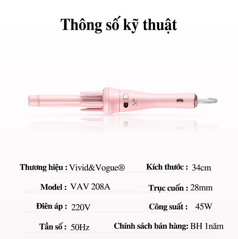 Máy Uốn Tóc Tự Động VIVID &amp; VOGUE®️ VAV208-Nâng cấp, uốn xoăn sóng và uốn cụp 2In1 tích hợp âm thanh thông báo-Hàng chính hãng, Bảo hành 12 tháng 1 đổi 1